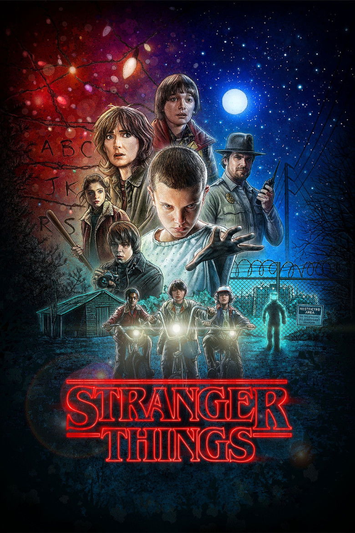Textless TV poster art for Stranger Things with custom rating overlays